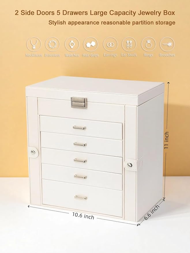 BOOVO Jewelry Box For women, 6 Layer Large Jewelry Organizer With Mirror, Multi-Function Storage Box With Lock, Accessory Holder With 5 Drawers, For Earrings Necklace Ring Bracelet (Pearl White) - Image 3