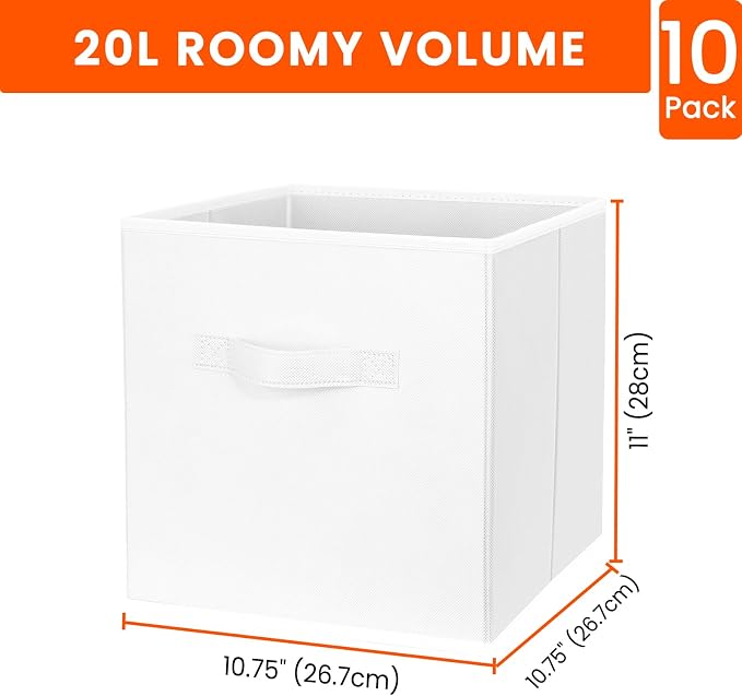 Criusia Storage Cubes, 11 Inch Cube Storage Bins for Shelves Closet Nursery Bedroom - 10 Pack Collapsible Baskets with Handles - Fabric Bins for Organizing Clothes Blanket Toys (White) - Image 2