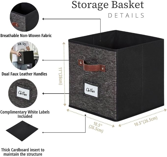 DECOMOMO Storage Bins, Cube Storage Bin with Labels, Fabric Storage Cubes for Shelves (10.5" x 11" / 6pcs, Black Pattern) - Image 3