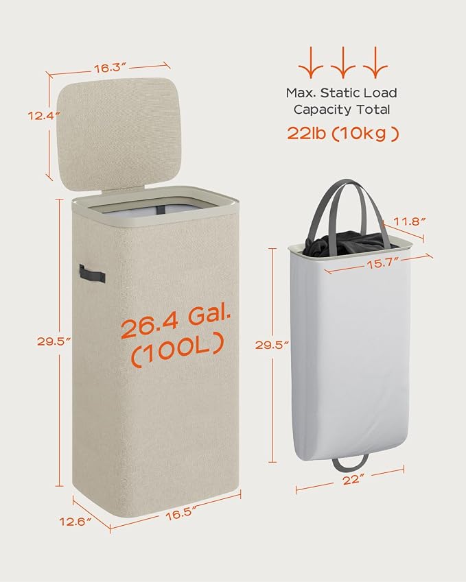 CASAMAYA Laundry Basket with Lid, Laundry Hamper 100L, collapsible Laundry Organizer, Easy Assembly, with Handles and Removable Liners, 16.5 x 12.6 x 29.5 Inches, Beige JSP902M - Image 5
