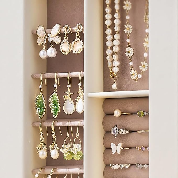 Jewelry Box Organizer for Women: 360 Rotating Vertical Storage Case, Ivory Leather with Pink Velvet, Ring Necklace Bracelet Holder, Gift Decor, 10 x 8.7 x 3.9 in - Image 5