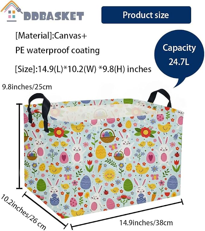 Easter Basket for Kids Gift Bunny Baskets Empty Baby Basket for Boys and Girls Rectangular Toy Storage Bins Organizer Bin Box Cute Egg Room Decor for Home(Bule Easter) - Image 2