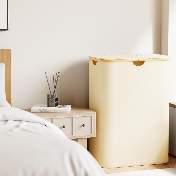 SpaceAid Double Laundry Hamper 2 Section with Lid and Removable Laundry Bags, 160L Clothes Basket with Bamboo Handles, Large Collapsible Hamper for Bedroom, Bathroom, Dorm, Laundry Room - Beige - Image 6