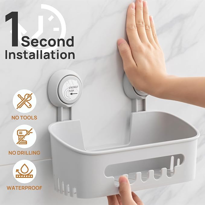 LEVERLOC Shower Caddy Suction Cup Set Shower Organizer & Soap Holder & Toothbrush Holder, Bathroom Shelf Basket NO-Drilling, Removable Suction Storage Waterproof Bathroom Caddy, Gray - Image 2