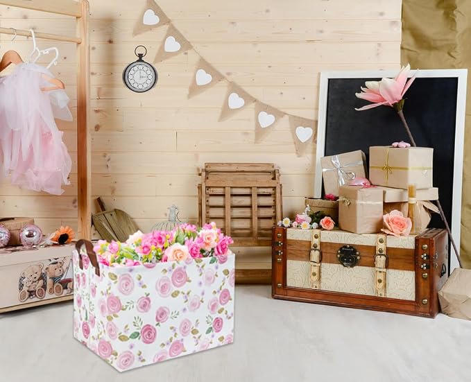 Rose Pink Baby Basket Nursery Baskets Girl Baby Storage Bins Rectangular Cute Kids Toy Storage Bin Organizer Book Shelf Basket Rose Room Decor(Pink Rose) - Image 3