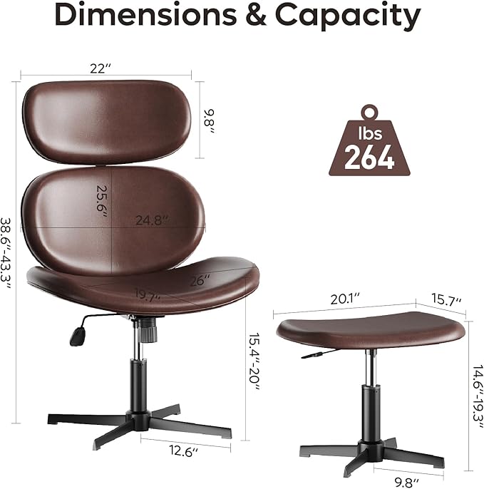 Bestier Swivel Modern Chair with Ottoman No Wheels, PU Criss Cross Reading Chair with Extended Headrest & Adjustable Seat, Modern Armless Ergonomic Chair for Living Room, Dark Brown