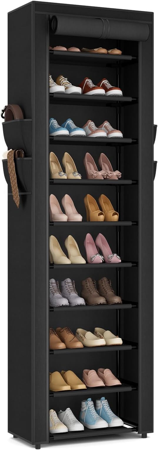 ROJASOP Shoe Rack with Covers 10 Tier Large Shoe Organizer Tall Shoe Closet Storage for 20-22 Pairs Shoe and Boot, Free Standing Shoe Rack Organizer for Closet, Entryway, Bedroom, Black by ROJASOP