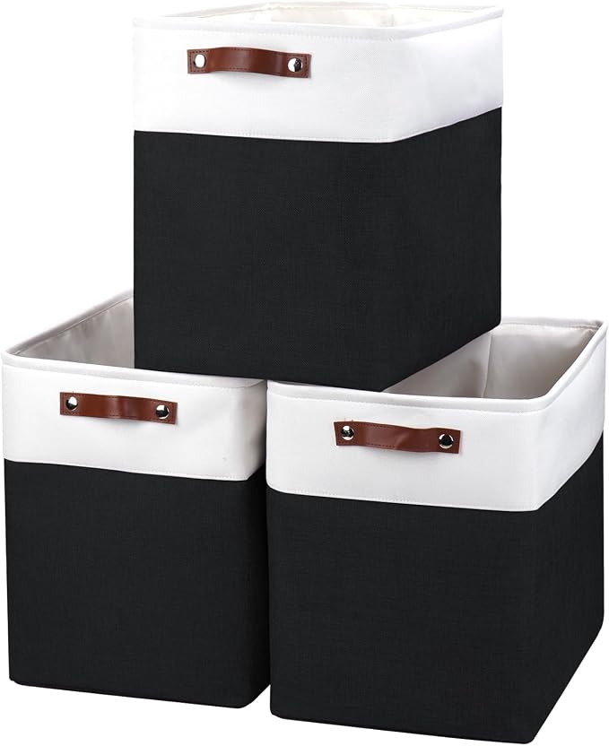 Bagnizer Large Fabric Storage Baskets | 50L Storage Bins, Decorative Linen Closet Baskets with Handles for Organizing, Shelf, Toys, Clothes, Home, Office, Nursery, 17x12x15Inches (Black&White) by Bagnizer