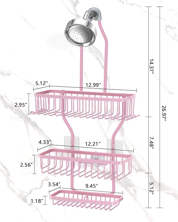 Pink Shower Caddy for Bathroom - Never Rust Hanging Shower Organizer with Soap Basket and Hooks - Large Capacity 3 Tier Aluminum Over The Showerhead Caddy - Image 2