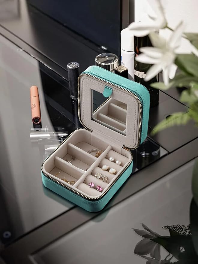 S.Leaf Travel Jewelry Organizer Boxes for Women Small Portable Necklace Earrings Bracelet Rings Travel Case Best Friend Birthday Gifts for Women Trendy (07_Suede_Touch_Mint_Green) - Image 7