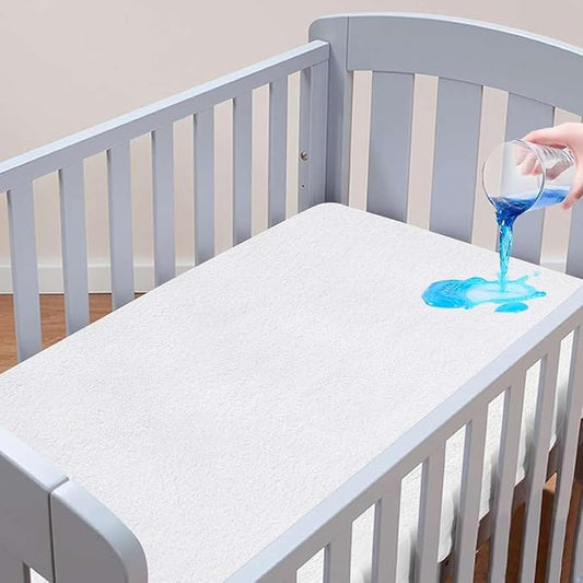NON Sticky cotton Waterproof Terry Cotton Mattress Protector, 15" Deep Pocket Fitted Cover, Breathable Noiseless Washable, Crib 52" x 28", Solid White, Pack of 1