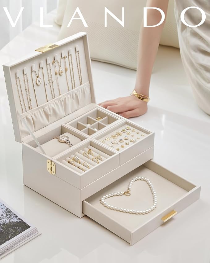 VLANDO 3 Layer Jewelry Box - Women Jewelry Box with Retractable Tray - Jewelry Organizers with Drawer for Necklaces, Rings, Bracelets, Earrings, Valentines Gift for Mom Girls - Cloud White - Image 7