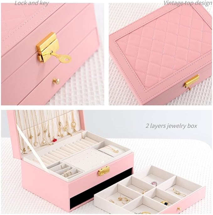 GUOER Jewelry Organizer Box for Women - Large PU Leather Jewelry Organizer Storage Case with Two Layers Display for Earrings Bracelets Rings Watches (Pink) - Image 4