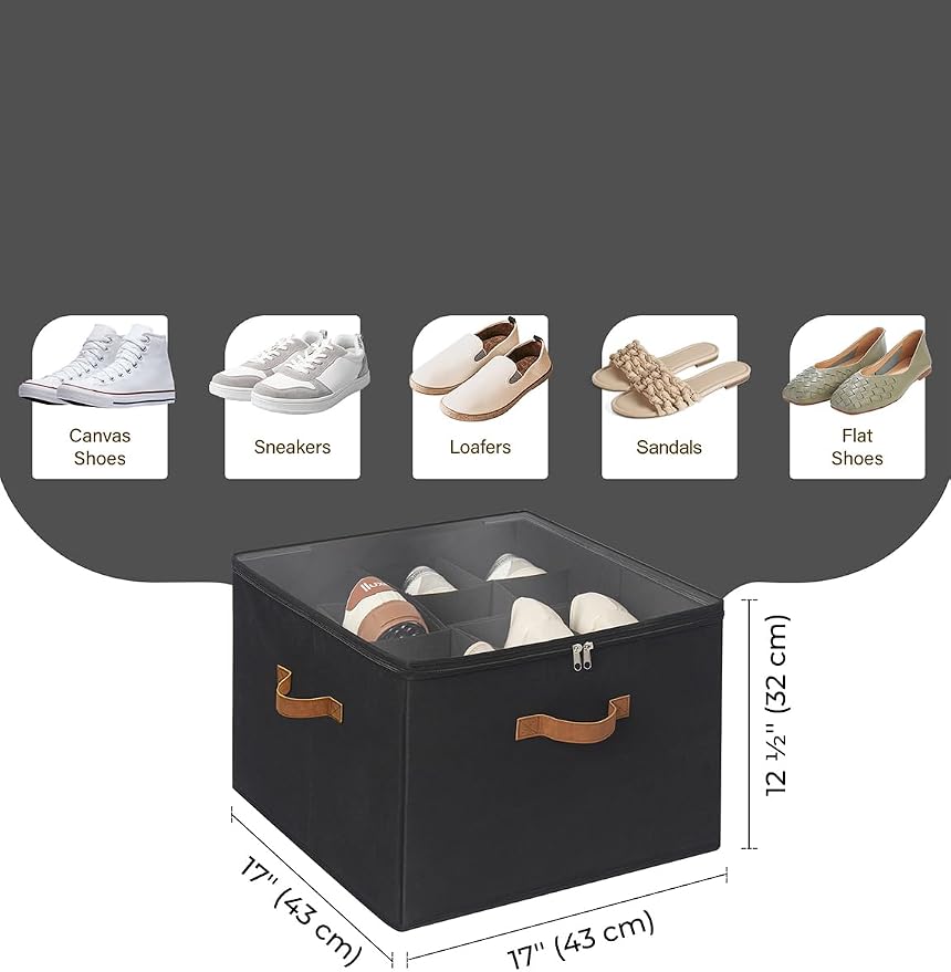 StorageWorks Shoe Organizer for Closet, Fits up to 16 Pairs, Shoe Cubby Storage Containers with Adjustable Dividers and Clear Cover, Black - Image 2