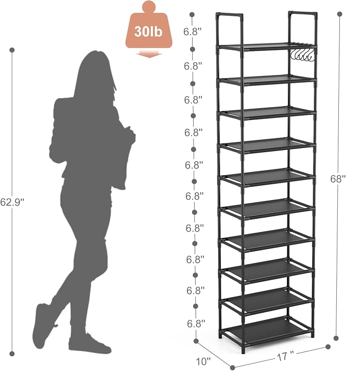 LANTEFUL 10 Tiers Tall Shoe Rack 20-25 Pairs Boots Organizer Storage Sturdy Narrow Shoe Shelf for Entryway, Closets with Hooks, Black - Image 3