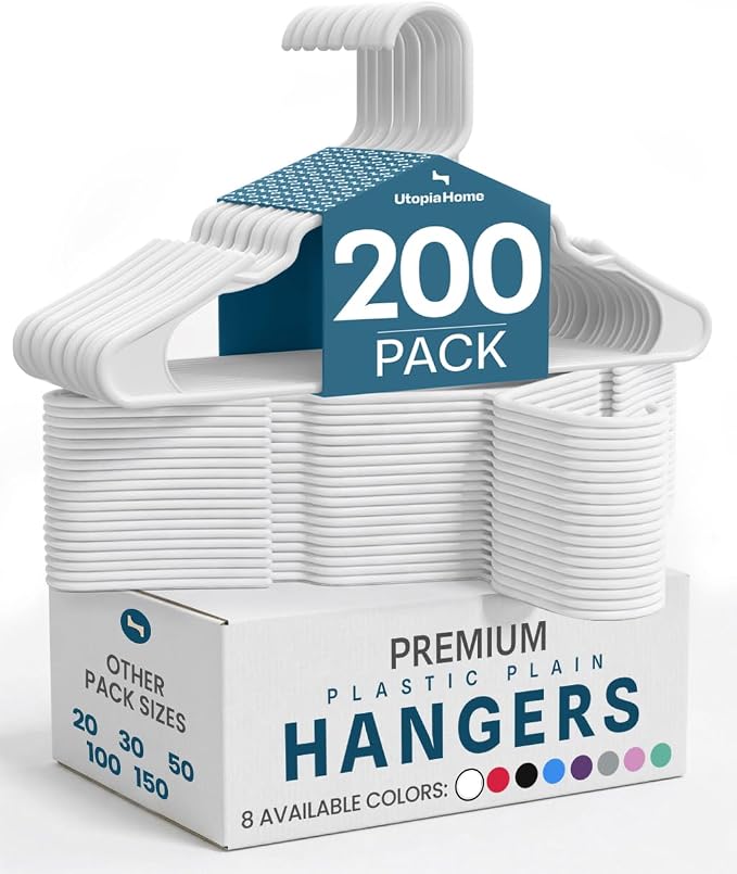 Utopia Home Plastic Hangers 200 Pack - Perfect Space Saving Clothes Hanger - Durable and Strong - Perfect Closet Organizers with Shoulder Grooves (White) by UTOPIAHOME