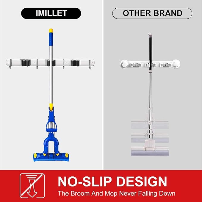 IMILLET Broom Holder Wall Mounted, Stainless Steel Broom and Mop Holder Self Adhesive Broom Organizer Heavy Duty Hooks Storage Organizer for Home Laundry Room Garden Garage Closet Kitchen (1 Pack) - Image 6