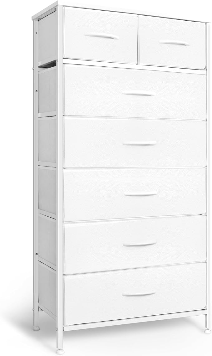 Mifuro Tall Dresser for Bedroom, Vertical Storage Organizer Tower with 7 Drawers, Chest of Drawers with Fabric Bins, Steel Frame, Wood Top for Bedroom, Closet, Entryway- White by MifuroOfficeProduct