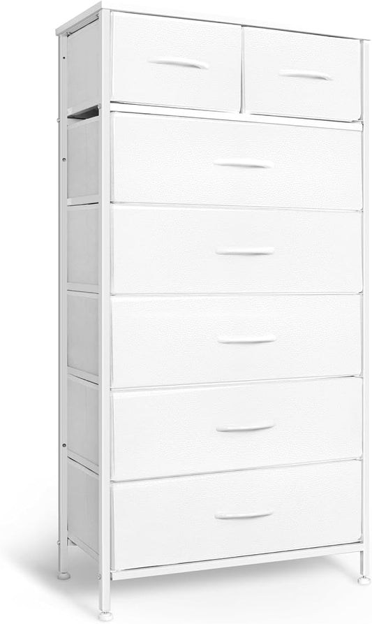 Mifuro Tall Dresser for Bedroom, Vertical Storage Organizer Tower with 7 Drawers, Chest of Drawers with Fabric Bins, Steel Frame, Wood Top for Bedroom, Closet, Entryway- White by MifuroOfficeProduct