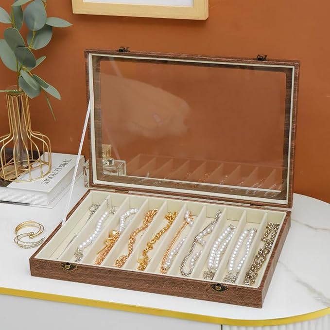 Glass Lid Necklace Organizer Box Transparent Necklace Holder Organizer Velvet Necklace Display Box Clear Lid Jewelry Storage Stackable Necklace Display Case for Women Girls (Style C) - Image 3