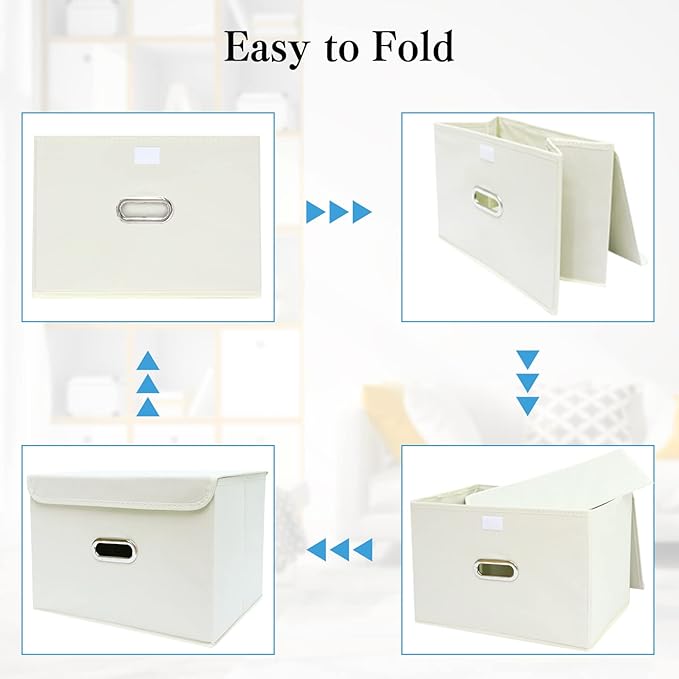 STOREONE Fabric Storage Cube Bins Foldable Organizer Container Collapsible Basket with Lids and Metal Handles, for Home, Bedroom, Closet 3 Pcs (Creamy-White) - Image 5