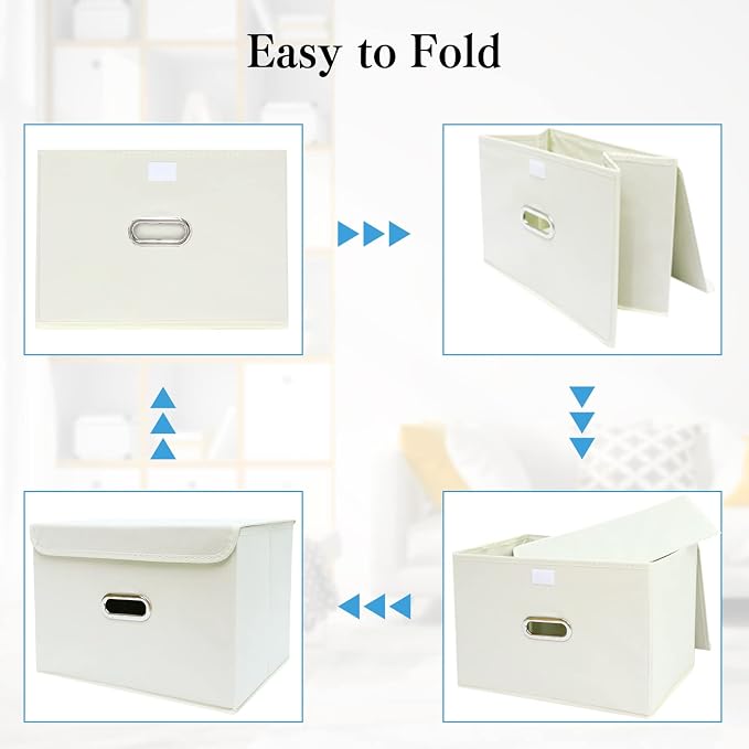STOREONE Fabric Storage Cube Bins Foldable Organizer Container Collapsible Basket with Lids and Metal Handles, for Home, Bedroom, Closet 8 Pcs (Creamy-White) - Image 6