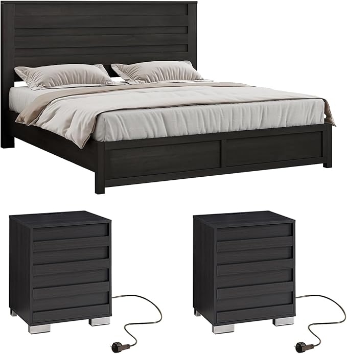 LUXOAK 3 Pcs Bedroom Furniture Sets - Includes Farmhouse Queen Size Bed Frame with 49" Tall Headboard and Nightstand Sets of 2 with Charging Station, Slated Handles & Stainless Steel Feet, Black