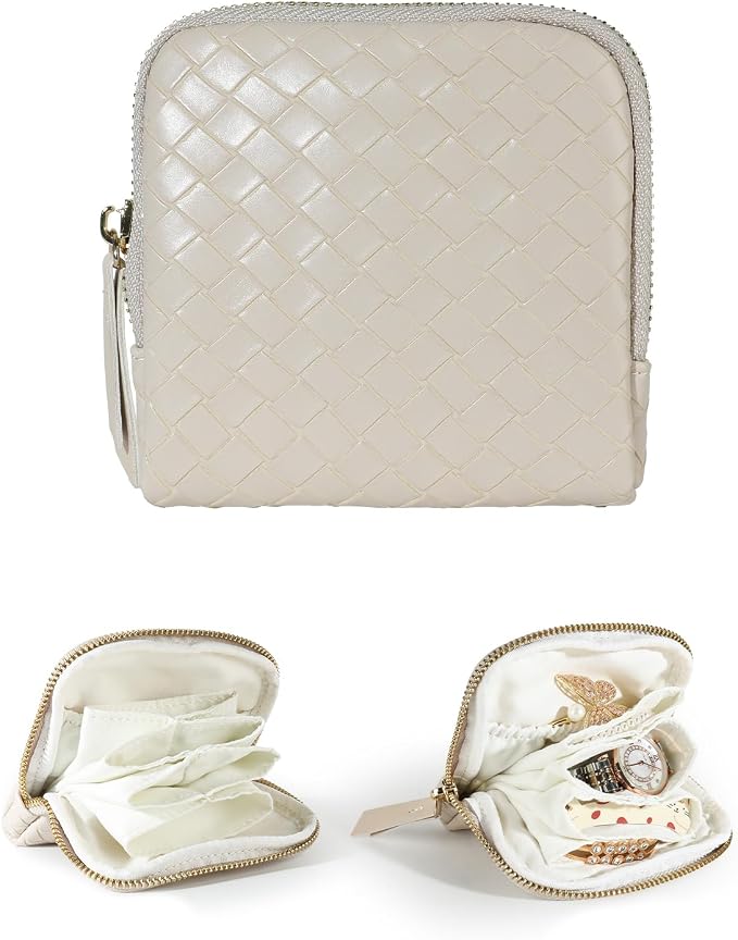 COOLYOUTH Travel Jewelry Case Organizer for Women Portable Jewelry Box with Small Pouches Mini Jewelry Bag for Rings, Bracelets, & Bangles with Smooth Metal Zipper (White Chocolate) by COOLYOUTH