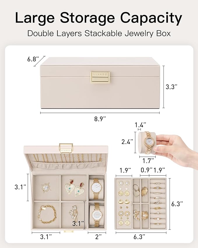 VLANDO 2 Layer Jewelry Boxes Large Jewelry Organizer for Women Removable Jewelery Tray for Watch Necklace Earrings Rings Bracelets Mothers Gifts Mom Gifts(Apricot White) - Image 6