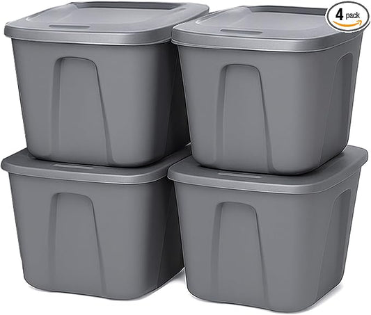 HOMZ 4-Pack Durable Molded Bin, Plastic Storage Containers w/Lids, 10 Gallon, Silver - Stackable Organizer Totes and Boxes for Bedroom, Kitchen, and Garage Organization