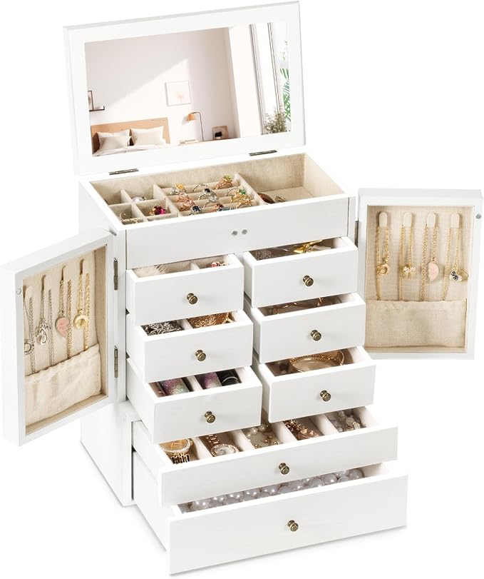 Emfogo Jewelry Box for Women Wooden Jewelry Boxes & Organizers 5-Layer Rustic Large Jewelry Organizer Box with Mirror & 8 Drawers for Rings Earrings Necklaces Bracelets Women Girls Gifts by Emfogo