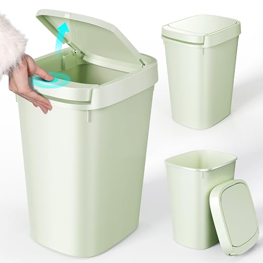 CEROELDA 3 Pack Bathroom Trash Can with Lid, 10L/2.6 Gal Small Garbage Can with Press Top Lid, Slim Plastic Waste Basket for Toilet, Office, Bedroom (Green) by WelcometoCEROELDA
