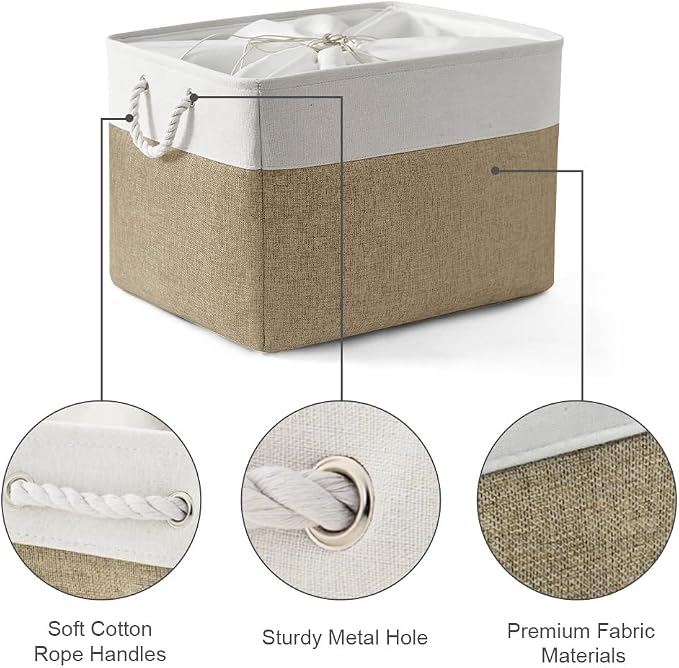 TheWarmHome Organization Basket - 20x16x14 inch Jumbo 3 Pack Collapsible Storage Bins for Shelves, Fabric Storage Cubes for Closet Organizer Gift Toy (White & Khaki) - Image 6