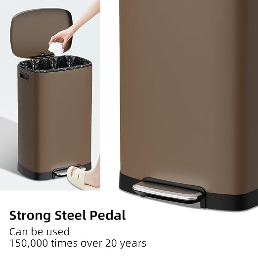 KdbK 13 Gallon Trash Can with Lid, 50L Fingerprint Proof Stainless Steel Kitchen Trash Can with Removable Inner Bucket and Lid Soft Close, Pedal Rubbish Bin for Home Office, Brown - Image 4