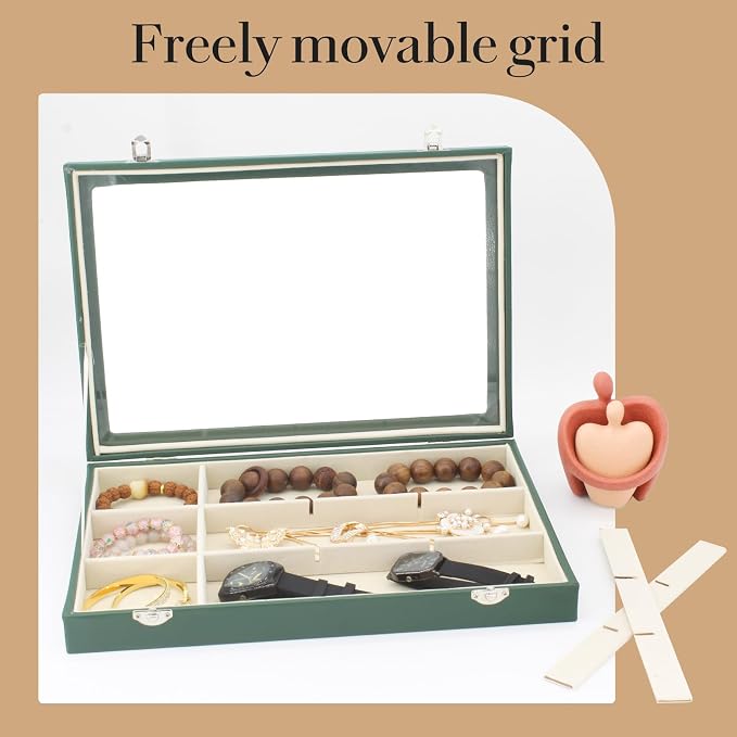 KOOAAICCHI Jewelry Tray Organizer with Clear Lid - 12 Grid Storage Display Case with Lock Earring Ring Organizer Showcase Gifts for Women-Green - Image 4