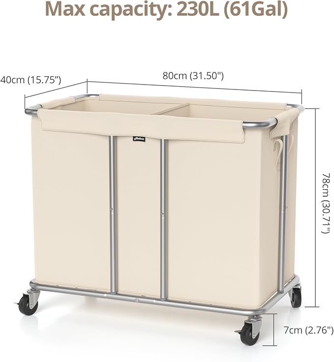 Hodonas 230L Rolling Laundry Hamper, 2-Section Laundry Basket with Wheels, 61 Gallons Laundry Sorter with Metal Structure and Removable Liner, Clothes Hamper for Laundry Room, Bathroom, Bedroom, Beige - Image 8