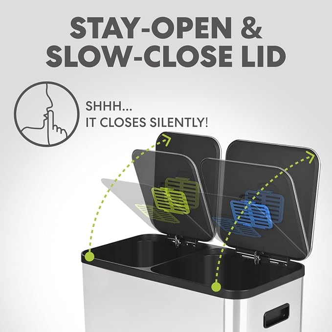 Simpli-Magic 70 Liter / 18.5 Gallon Rectangular Hands-Free Dual Compartment Recycling Kitchen Step Trash Can with Soft-Close Single Lid, Stainless Steel (40L x 30L Capacity), White - Image 7