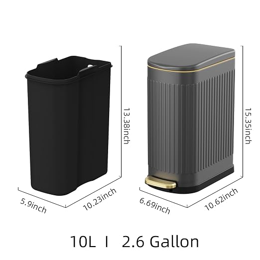 KSSKSS 2.6 Gallon Slim Bathroom Trash Can with Soft Close Lid, 10L Stainless Steel Garbage Can with Removable Liner Bucket, for Narrow Spaces, Bathroom, Bedroom (Gray) - Image 5