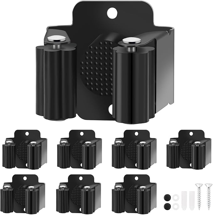 Broom Holder Wall Mount, 7PCS Broom Hanger Wall Mount, Stainless Steel Heavy Duty Mop Holder Broom Mop Hanger Wall with Screws, Garden Outdoor Tool Organizer Rack Broom Hanger (Black) by Yiows