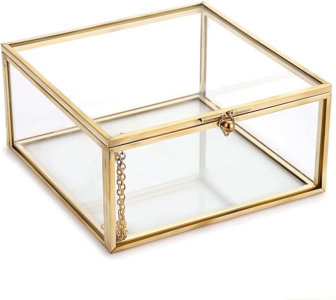 Hipiwe Vintage Glass Jewelry Organizer Box - Golden Metal Keepsake Box Desktop Jewelry Organizer Holder, Wedding Birthday Gift, Square Vanity Decorative Box for Dresser,Bathroom by HomeDetails
