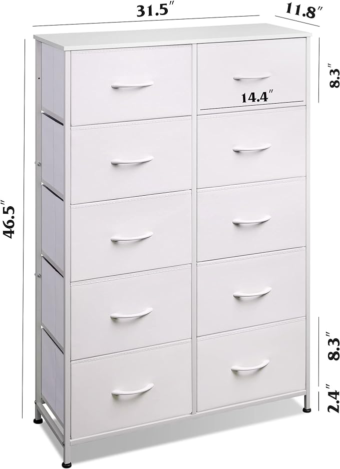 WLIVE Tall Dressers for Bedroom with 10 Fabric Drawers, Chest of Drawers, Dresser for Closet, Hallway, Living Room, Entryway, White