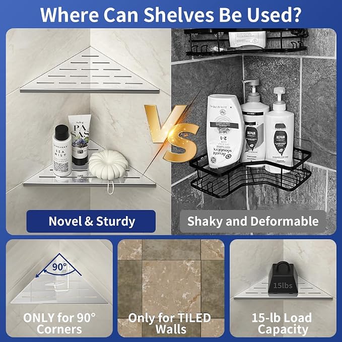Corner Shower Shelf 10" Polished 304 Stainless Steel Recessed Corner Shelves with Slot Design Bathroom Grout in Shelf for Tiled Wall, 2 Pack - Image 4