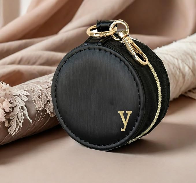 COLLECTIVE HOME - Monogrammed Letter Jewelry Case, Portable Travel Ring Holder Box with Keychain, Personalized Initial Organizer for Earrings Necklaces, Gift for Her (Black-y) - Image 2