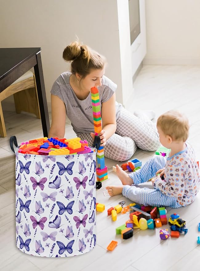 Butterfly Laundry Basket Kids Hamper for Nursery Boy and Girl Hamper Cute Kids Toys Storage Bin Organizer Room Decor for Home(Purple Butterfly) - Image 7
