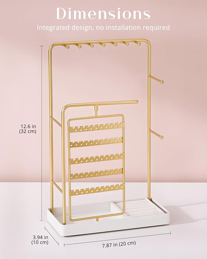 ProCase Jewelry Stand Holder Organizer, Jewelry Display Storage with Ring Tray, Rotating Earring Bracelet Necklace Holder, Valentine's Gifts Room Dorm Decor for Teen Girls -Gold (No-Assembly) - Image 7