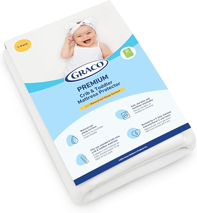 Graco Premium Waterproof Crib and Toddler Mattress Protector (1 Pack) – GREENGUARD Gold Certified, Machine-Washable & Dryer-Friendly, Waterproof Sleep Surface, Fits Baby Crib & Toddler Bed Mattress