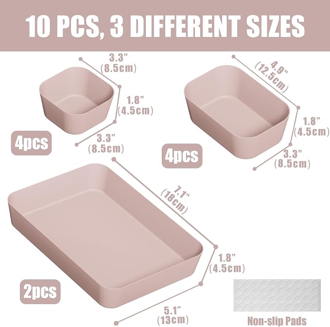 Plastic Drawer Organizers, 10 PCS Drawer Organizer Bins, Bathroom and Vanity Organizer Plastic Tray, Makeup organizer and storage for Makeup, Bedroom, Kitchen Gadgets Utensils and Office (Pink) - Image 2
