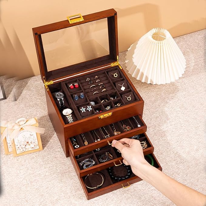 4-Layer Black Walnut Wooden Jewelry Box with Glass Lid, Soild Wood,Jewelry Organizer for Versatile Necklace, Watch, Ring Earring Storage for Women Christmas Gift - Image 5