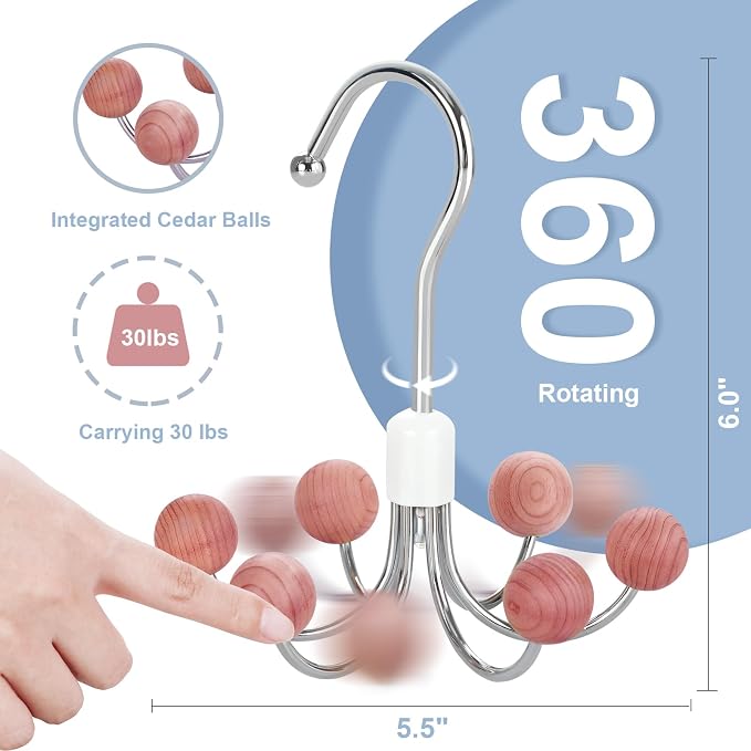 TOPIA HANGER Hoodie Hangers 4-Pack with 6 Cedar Balls, 360°Swivel Purse Hanger, Scarf Hanger, Closet Hooks, Handbag Organizer, Bra Hanger, Accessory Organizers for Scarf, Tanktop, Hat, Hoodie CT57C - Image 2