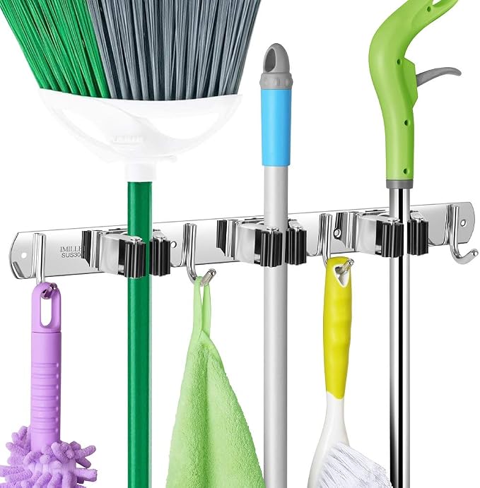 IMILLET Broom and Mop Holder Wall Mounted, Stainless Steel Broom Holder Mop Holder Self Adhesive Heavy Duty Hooks Storage Organizer for Home Laundry Room Garden Garage（3 Racks with 4 Hooks） by IMILLET